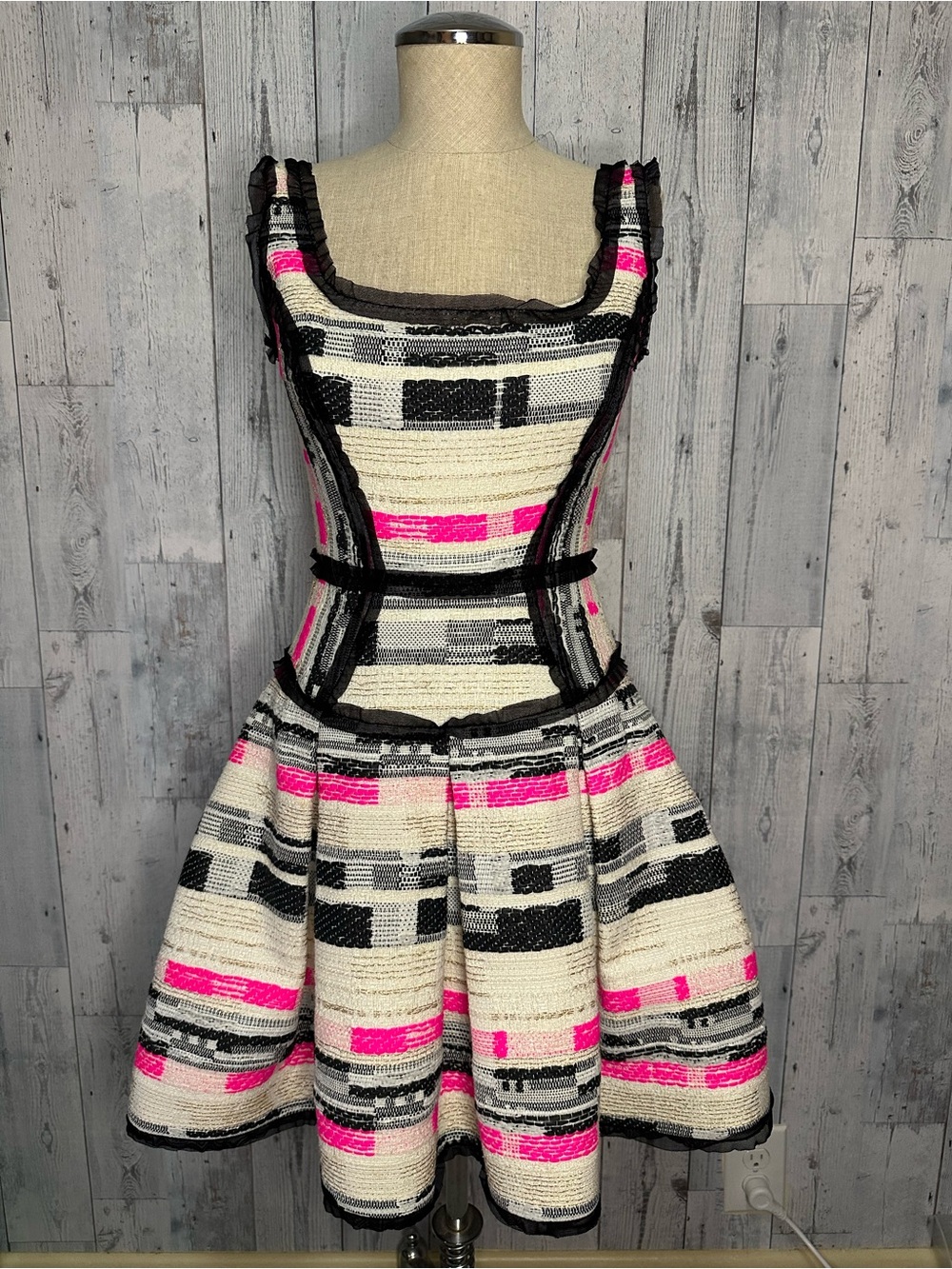 MILLY piper party dress in pink and black tweed